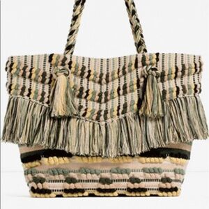 ZARA Gorgeous Striped Fringe Cotton Beach Bag